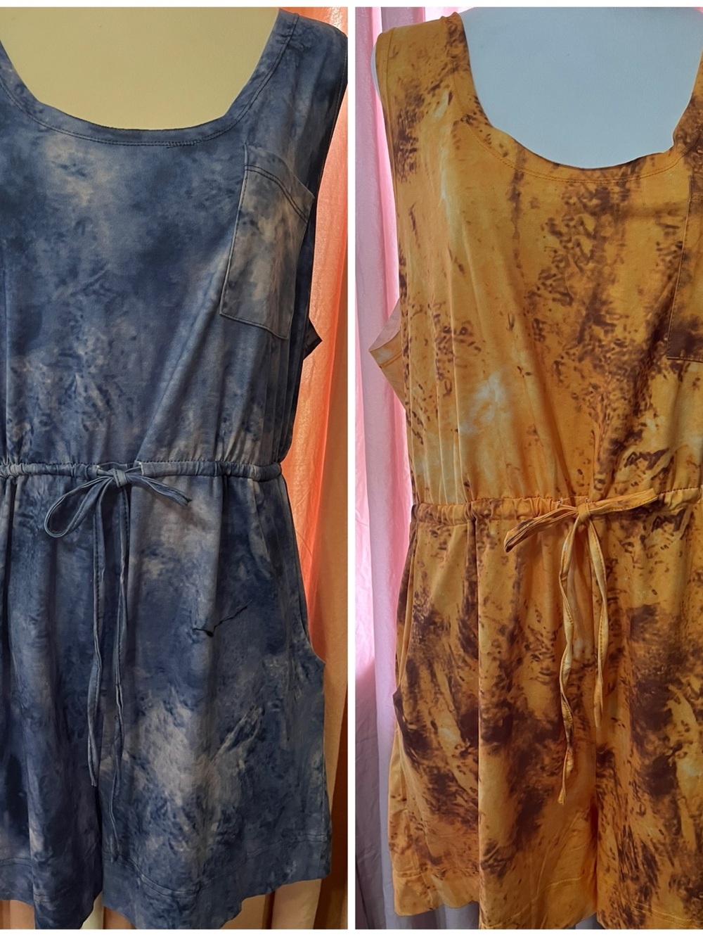 BUNDLE Tie-Dye Scoop Neck Drawstring Romper in Blue and Mustard